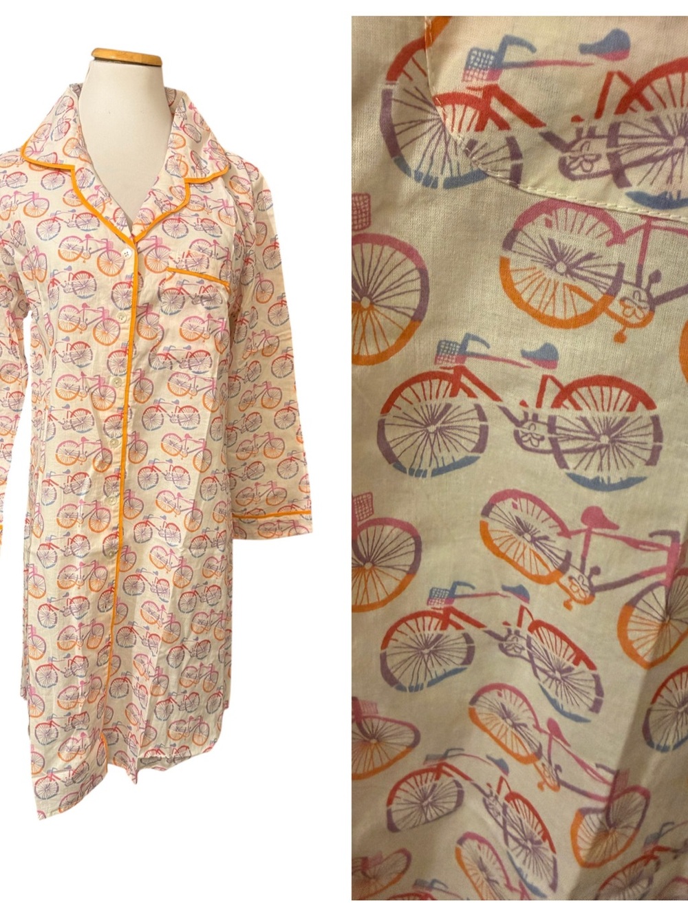 NWT Rock Flower Paper Cream Bicycle Print Nightshirt with Orange Trim